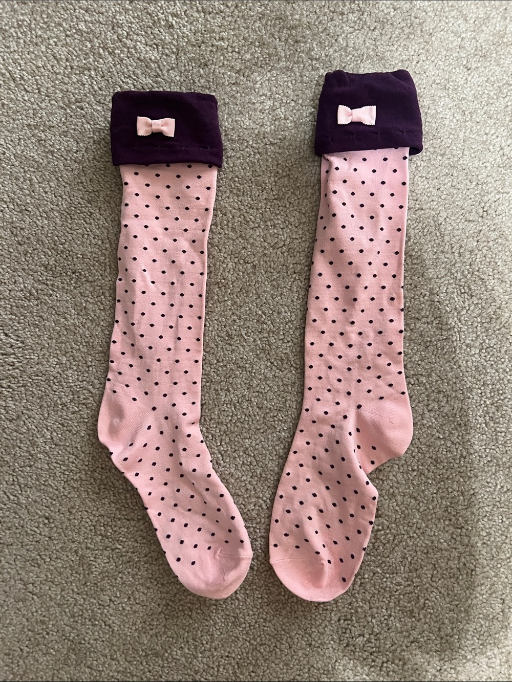 Free People Pink Polka Dot Knee-High Socks with Purple Cuff and Bow